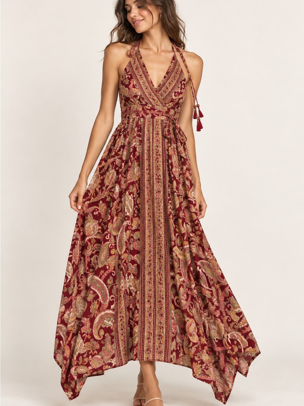 Halter Maxi Dress in Burgundy Paisley